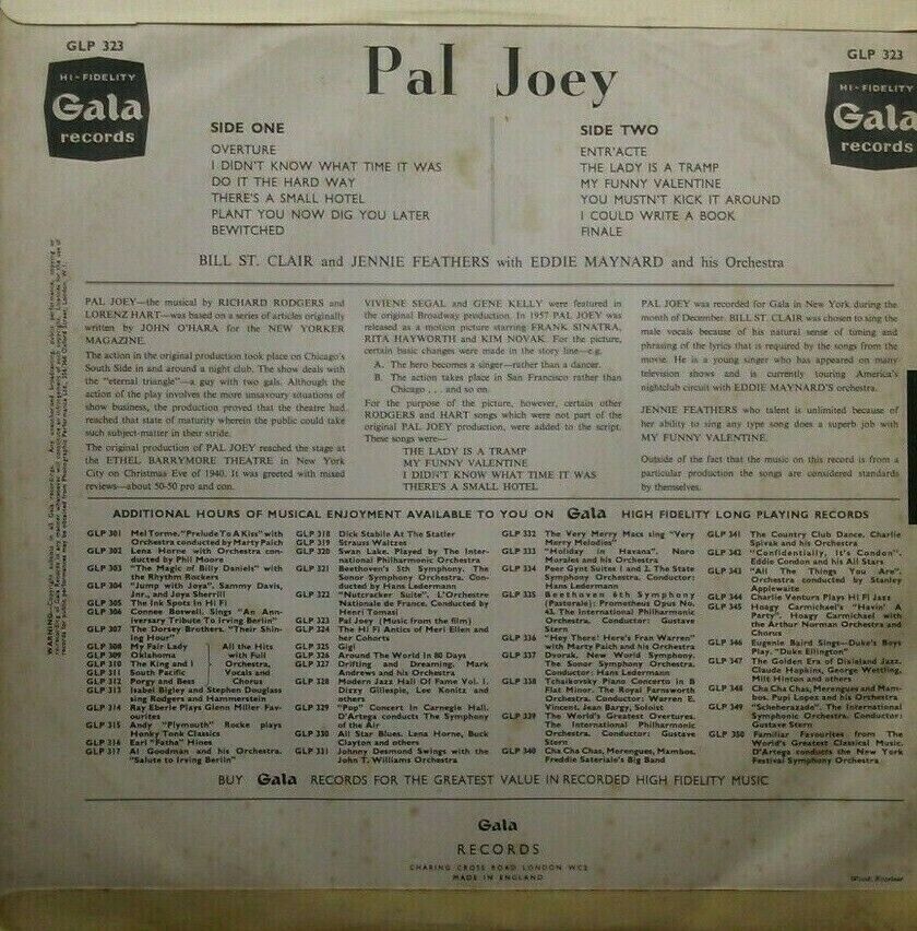 Eddie Maynard And His Orchestra – Pal Joey (Gala, 1958) 12" vinyl LP VG/VG