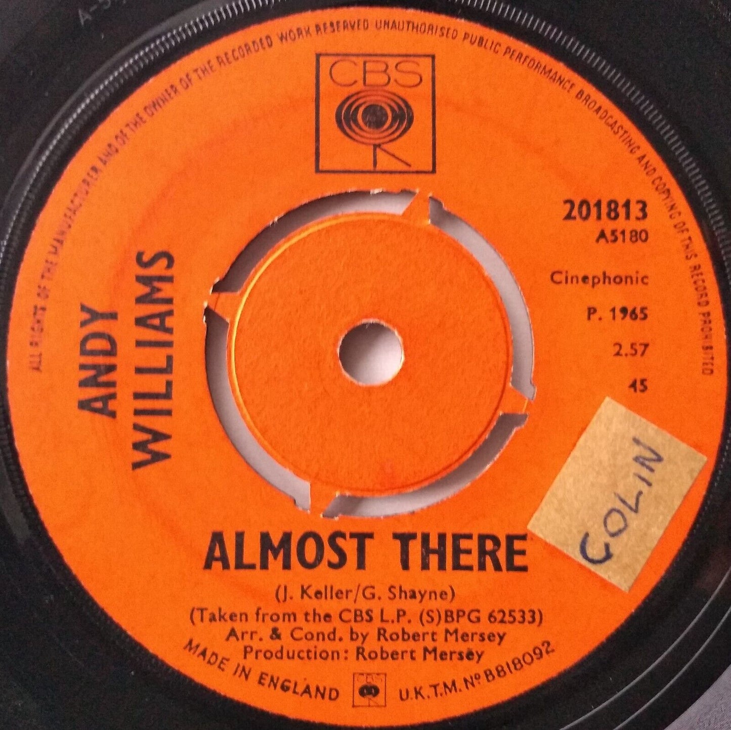 Andy Williams – Almost There (CBS, 1965) 7" vinyl single VG/-