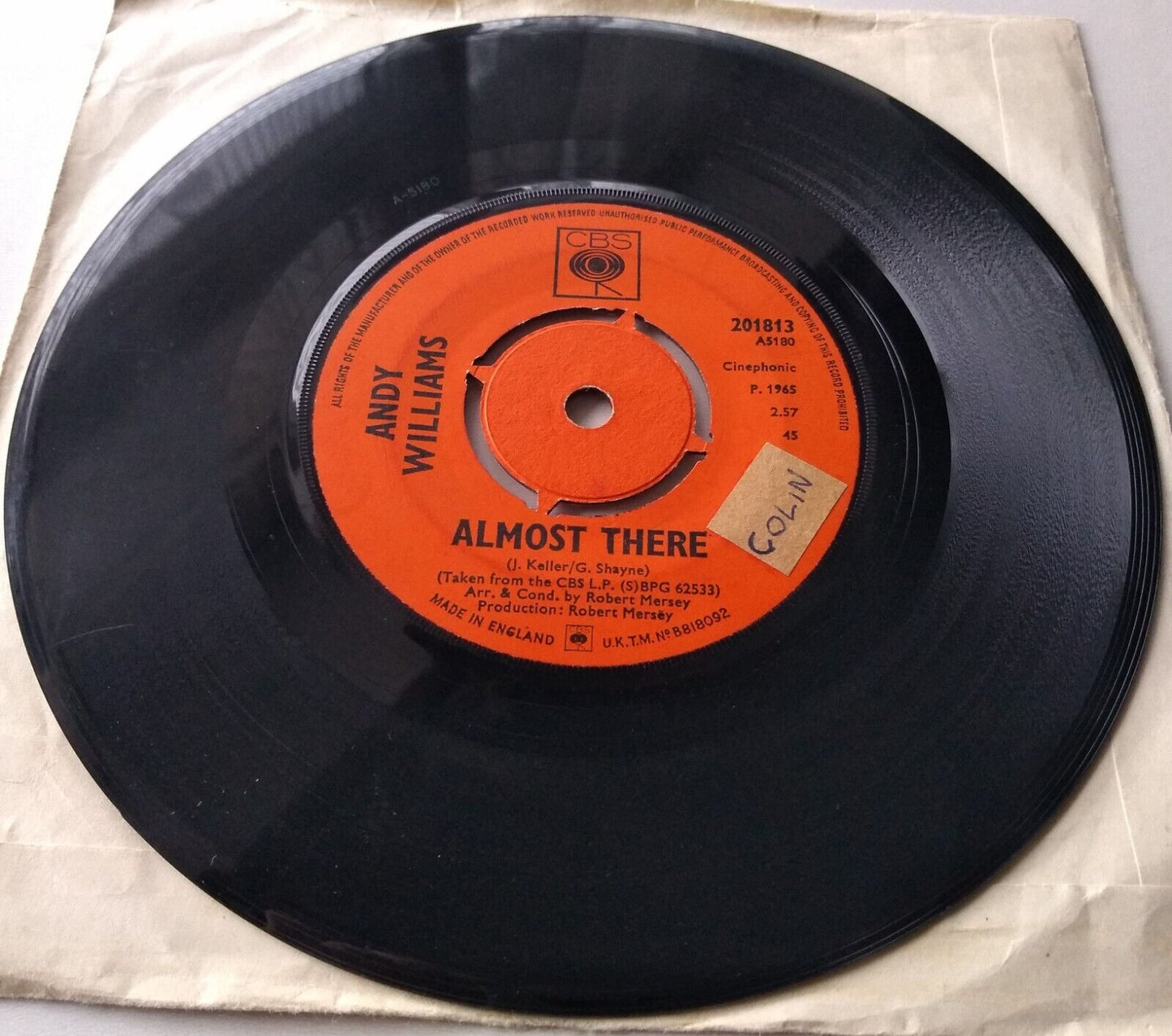 Andy Williams – Almost There (CBS, 1965) 7" vinyl single VG/-