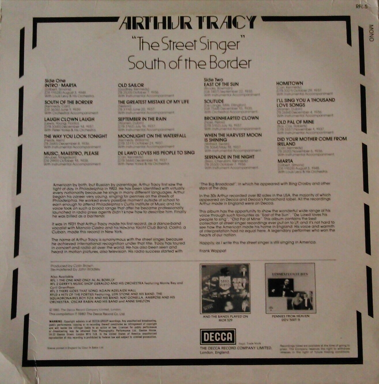 Arthur Tracy ‎– South Of The Border (Decca, 1980) 12" vinyl LP VG/VG mono