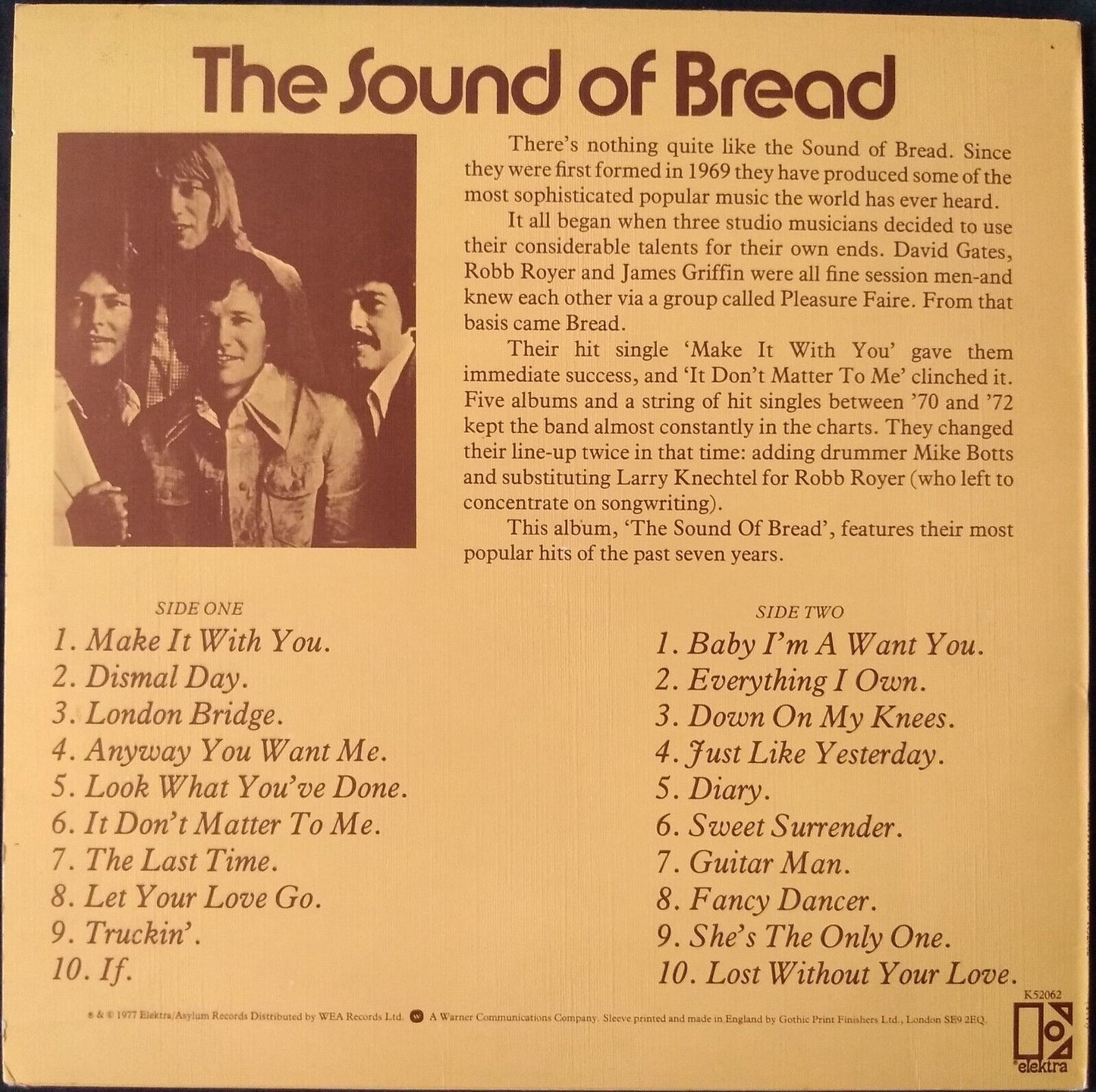 Bread – The Sound Of Bread (Elektra 1977) 12" vinyl LP VG/VG