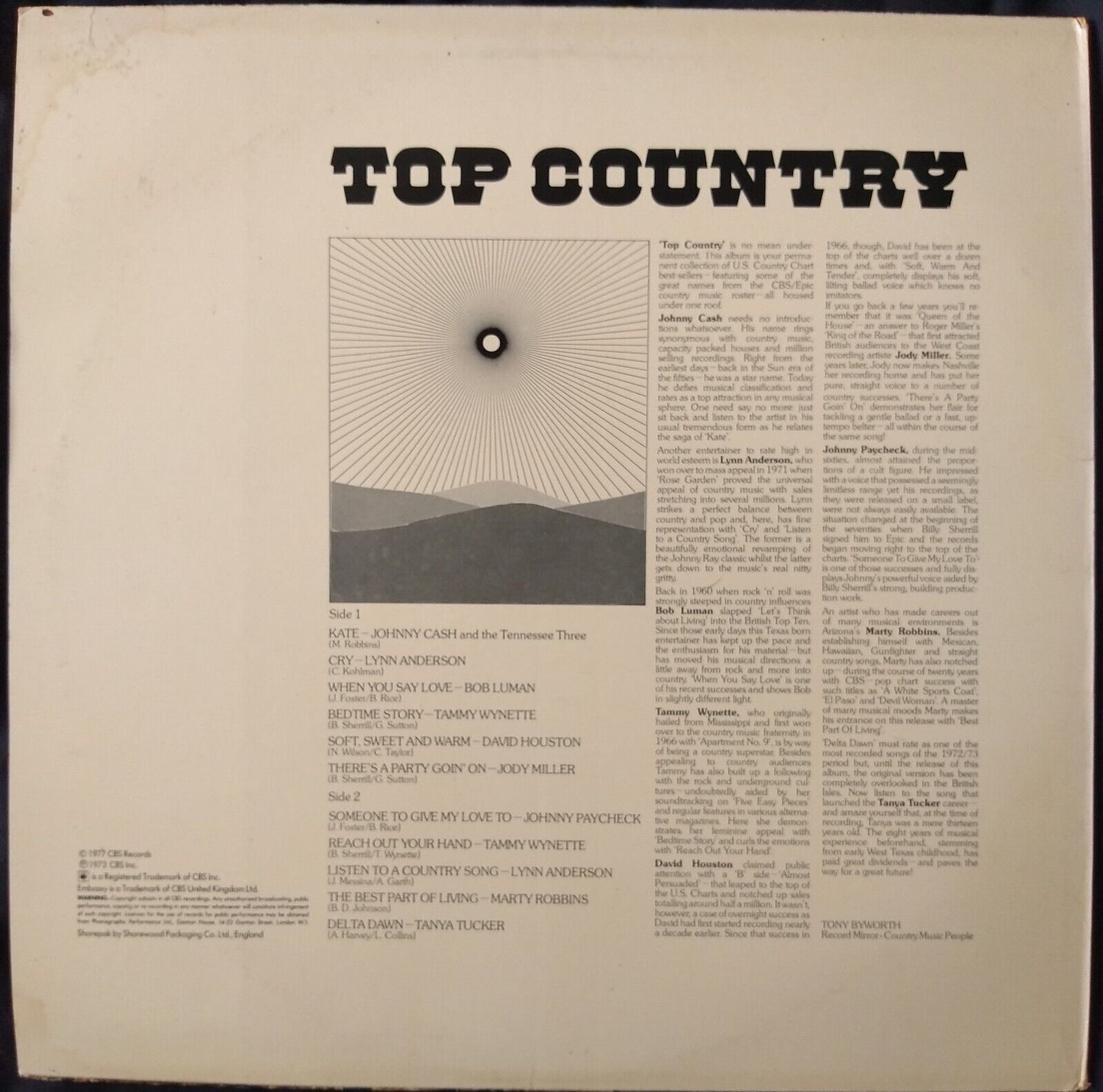 Various ‎– Top Country (Embassy 1977) 12" vinyl LP VG/VG compilation