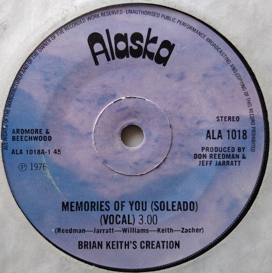 Brian Keith's Creation - Memories Of You (Soleado) (Alaska 1976) 7" single VG/-