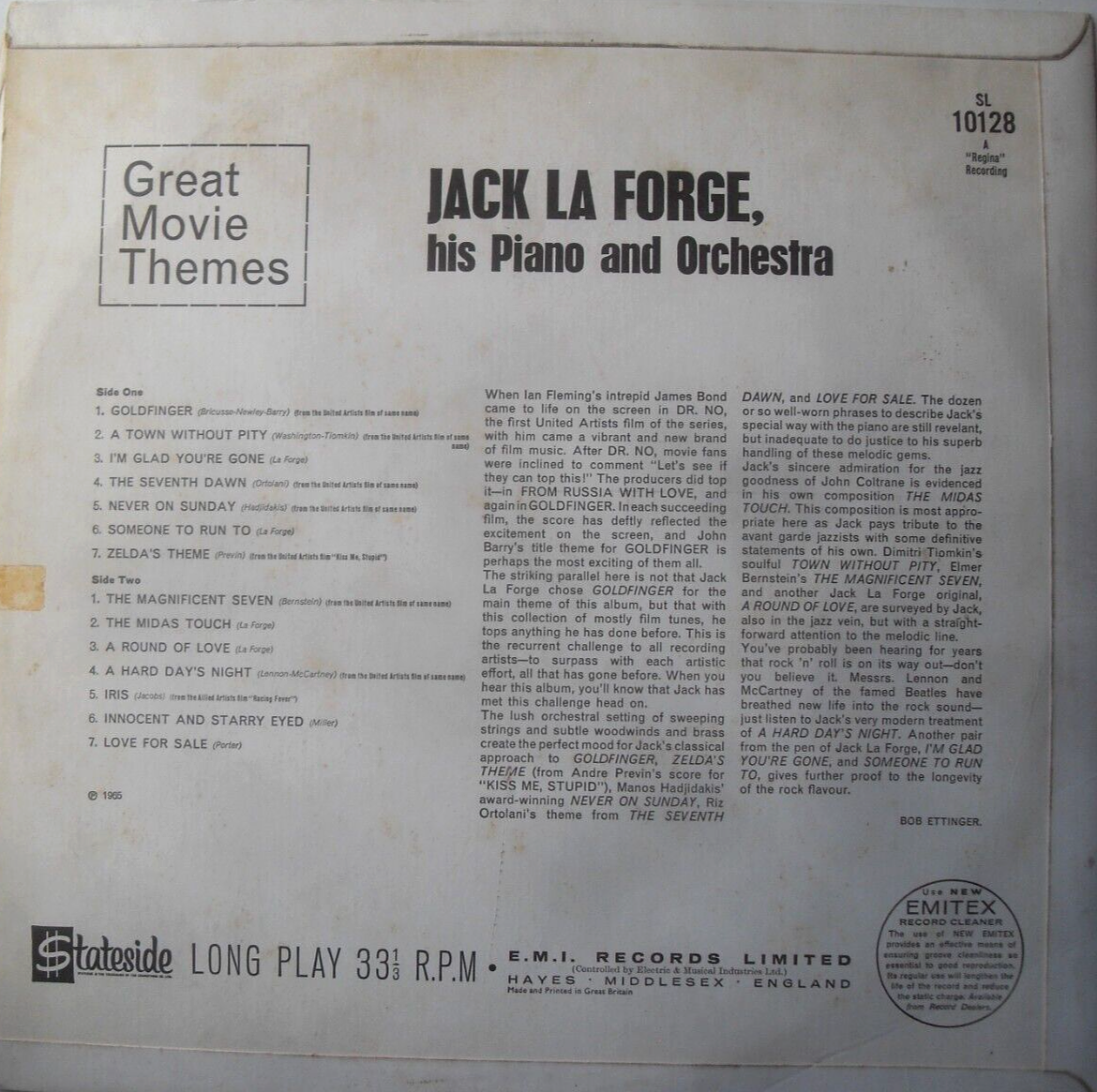 Jack La Forge Plays Great Movie Themes (Stateside,1965) 12" vinyl LP VG/VG