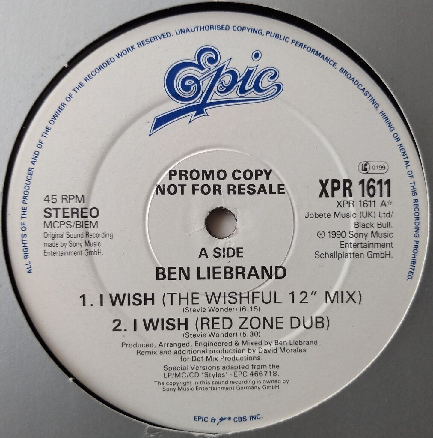 Ben Liebrand - I Wish (Epic 1990) 12" vinyl promo single VG/VG