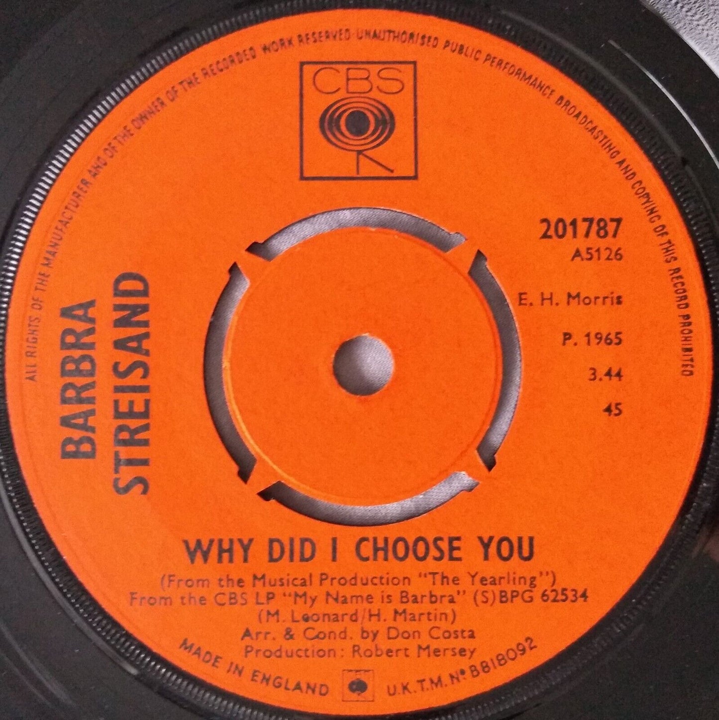 Barbra Streisand - Why Did I Choose You (CBS 1965) 7" vinyl single VG/-