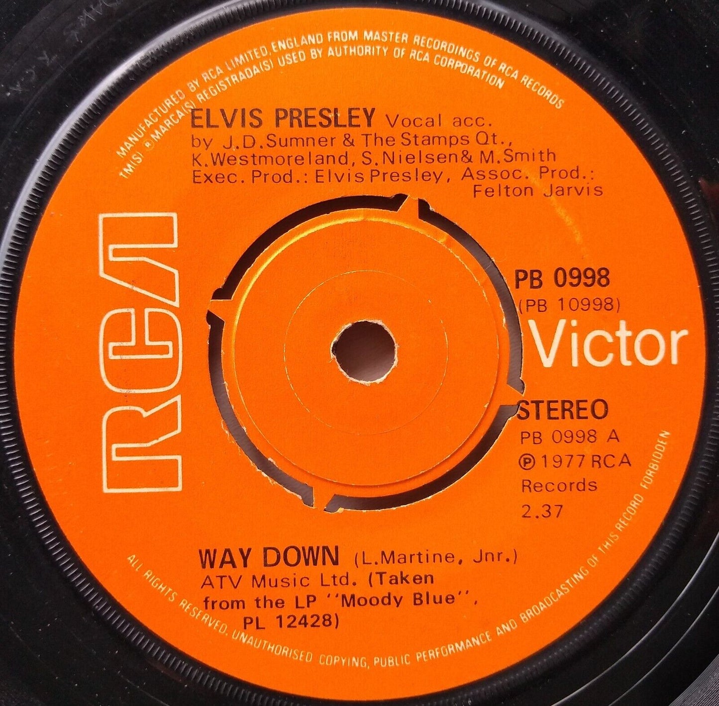 Elvis Presley ‎– Way Down (RCA 1977) 7" vinyl single VG/-