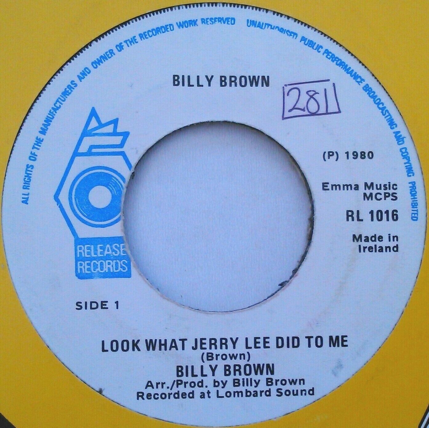 Billy Brown - Look What Jerry Lee Did To Me (1980) 7" vinyl single VG/- jukebox