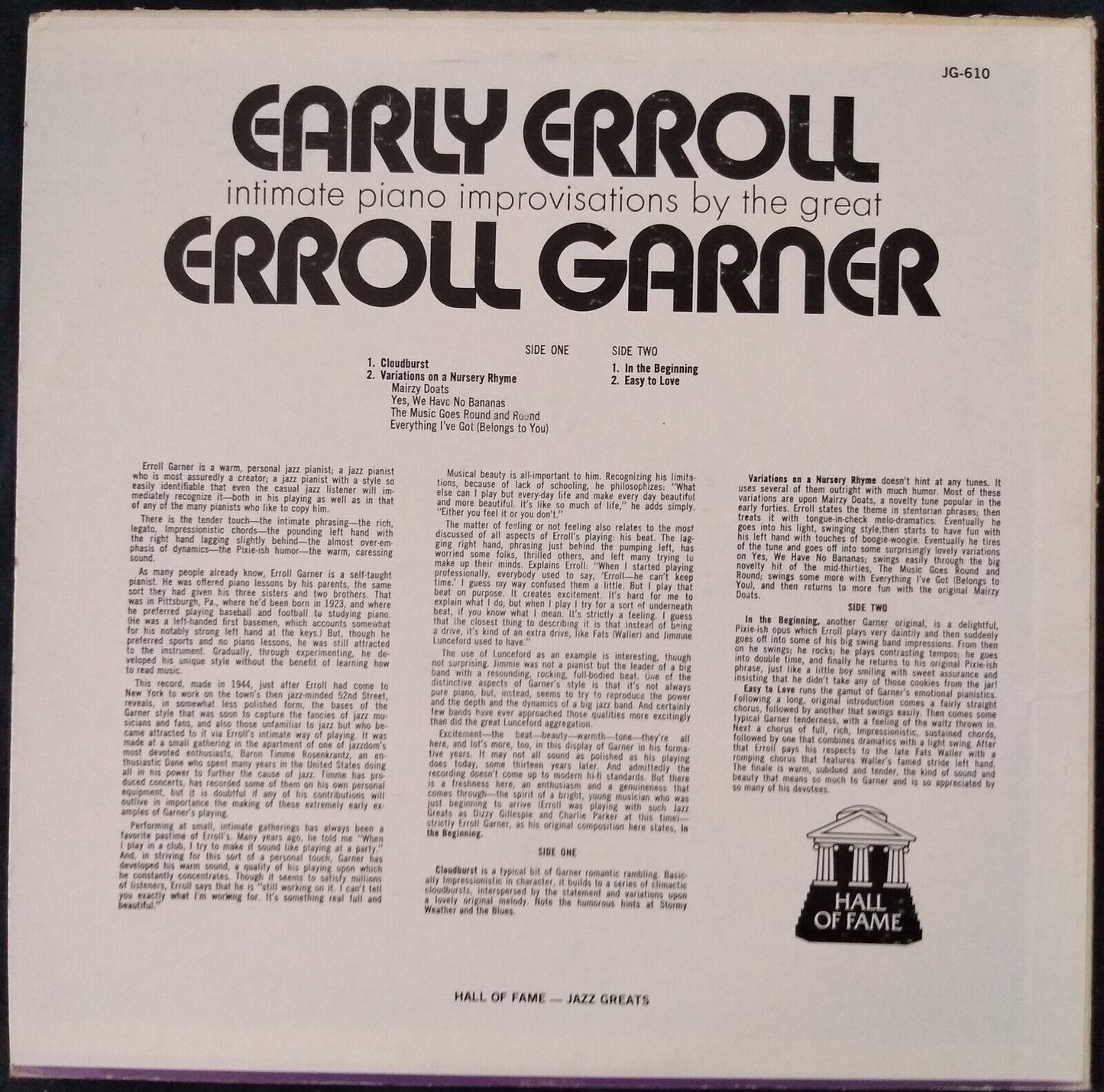 Erroll Garner - Early Erroll Jazz Greats Hall of Fame 12" vinyl LP VG/VG US