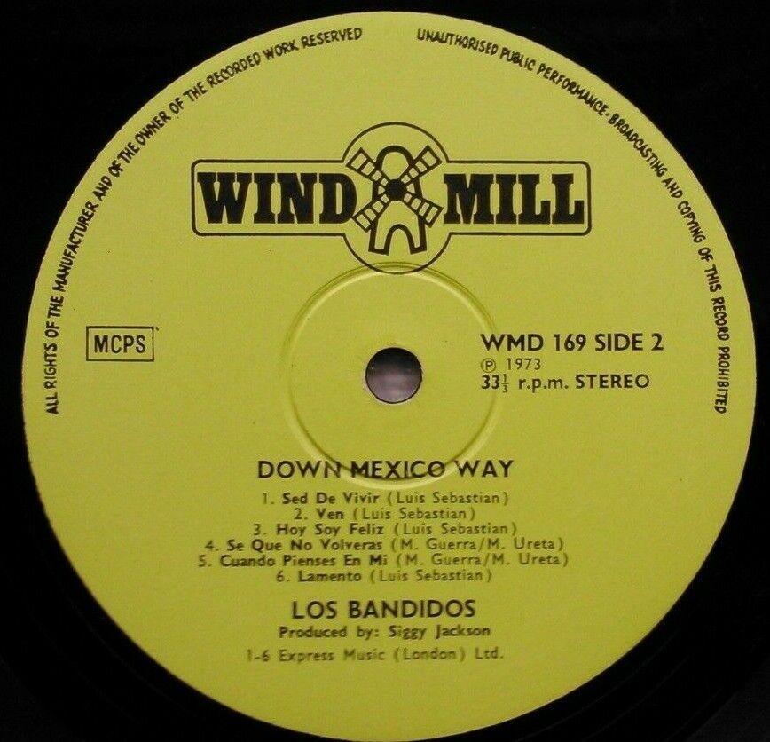 Los Bandidos – Down Mexico Way (Windmill, 1973) 12" vinyl LP VG/VG