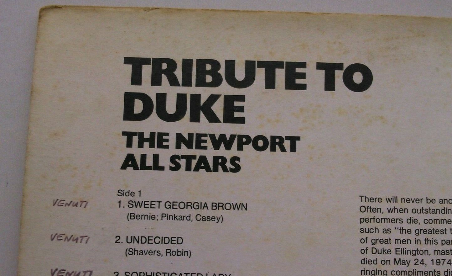 The Newport All Stars – Tribute To Duke (MPS, 1974) 12" vinyl LP VG/VG