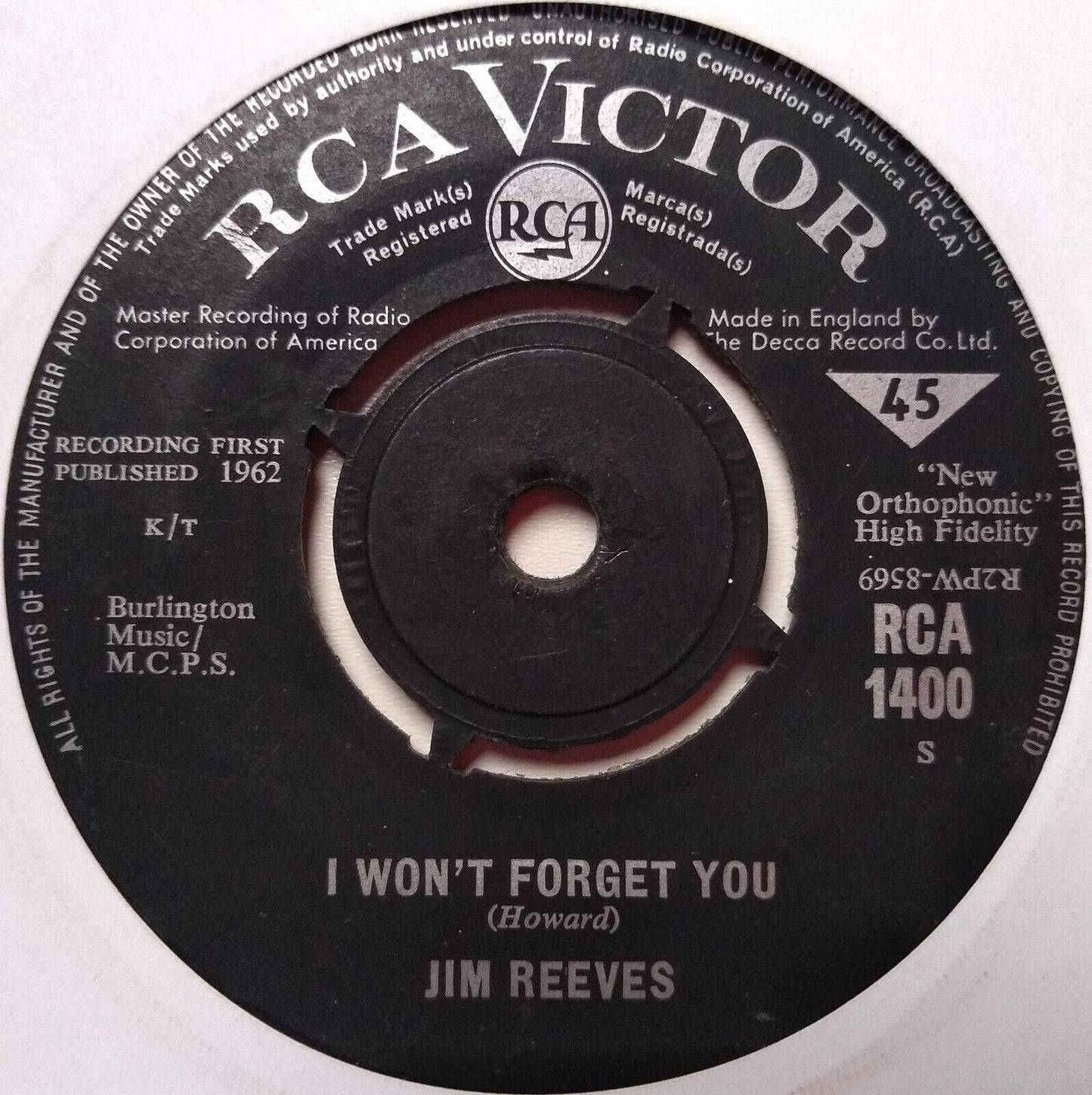 Jim Reeves – I Won't Forget You (RCA, 1964) 7" vinyl single VG/-