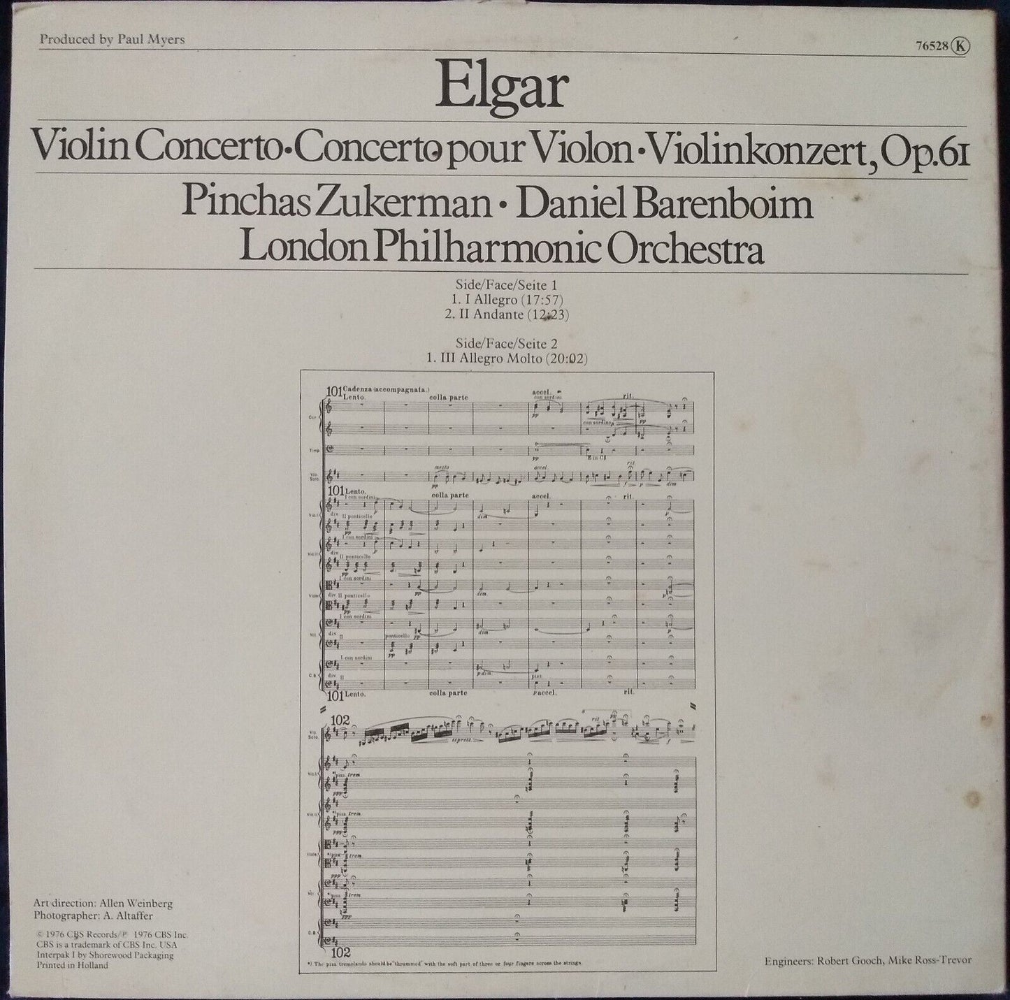 Elgar, Zukerman - Violin Concerto (CBS 1976) 12" vinyl LP VG/VG gatefold