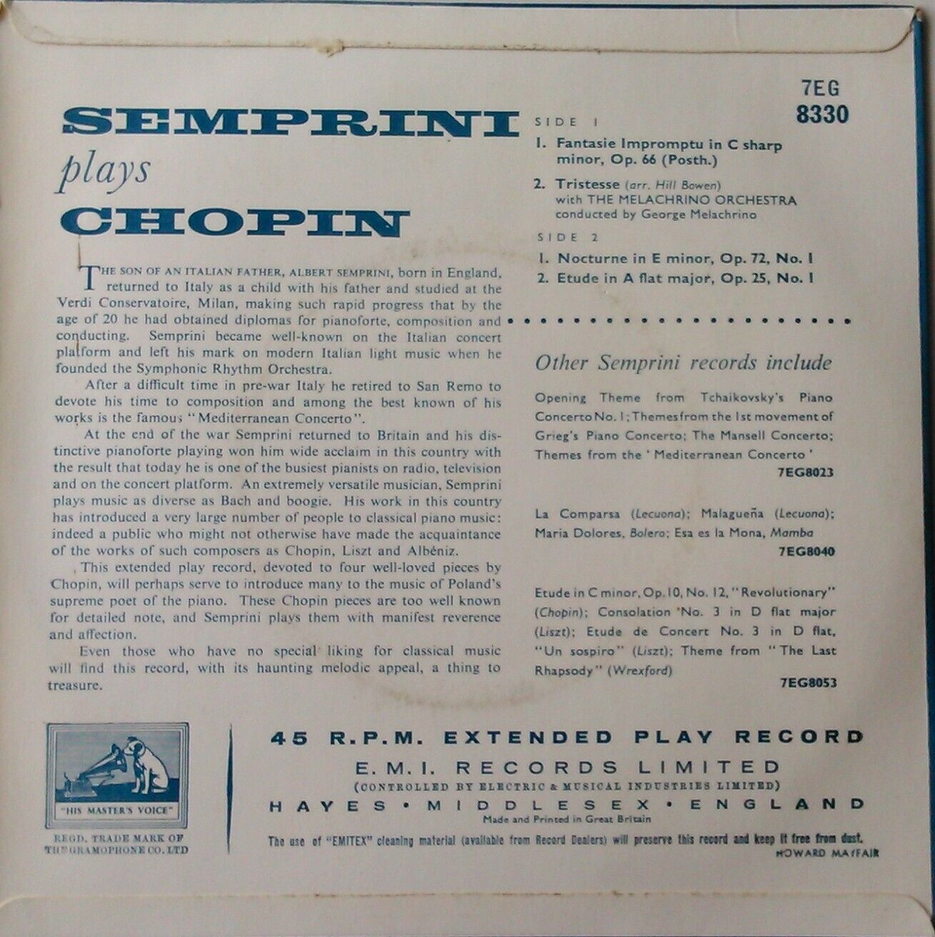 Albert Semprini – Semprini Plays Chopin (HMV) 7" vinyl EP VG/VG