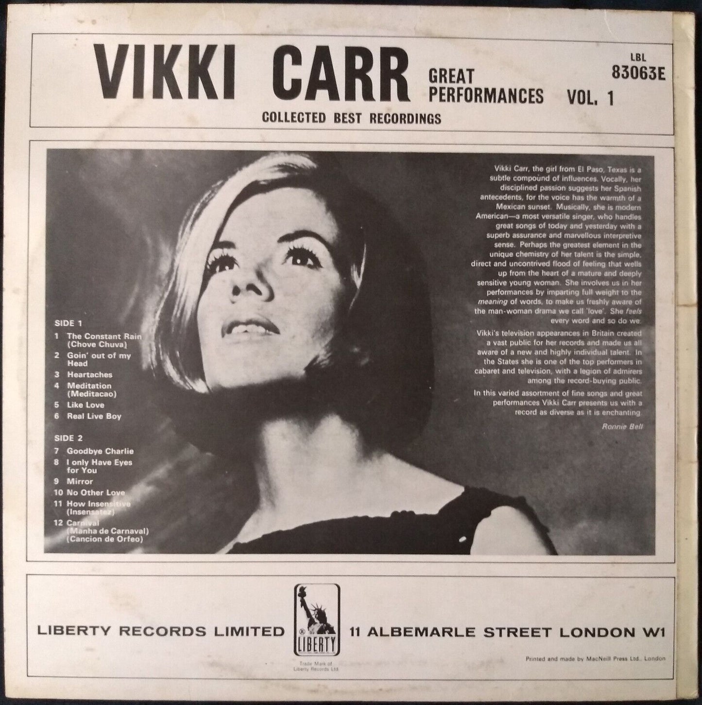 Vikki Carr – Great Performances Vol. 1 (Liberty 1967) 12" vinyl LP VG/VG