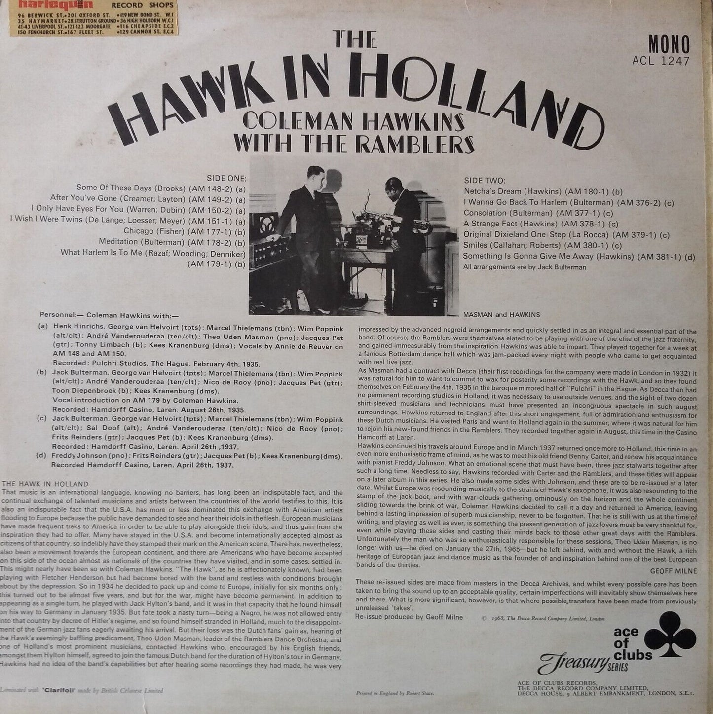 Coleman Hawkins ‎– The Hawk In Holland (AC, 1968) 12" vinyl LP VG/VG