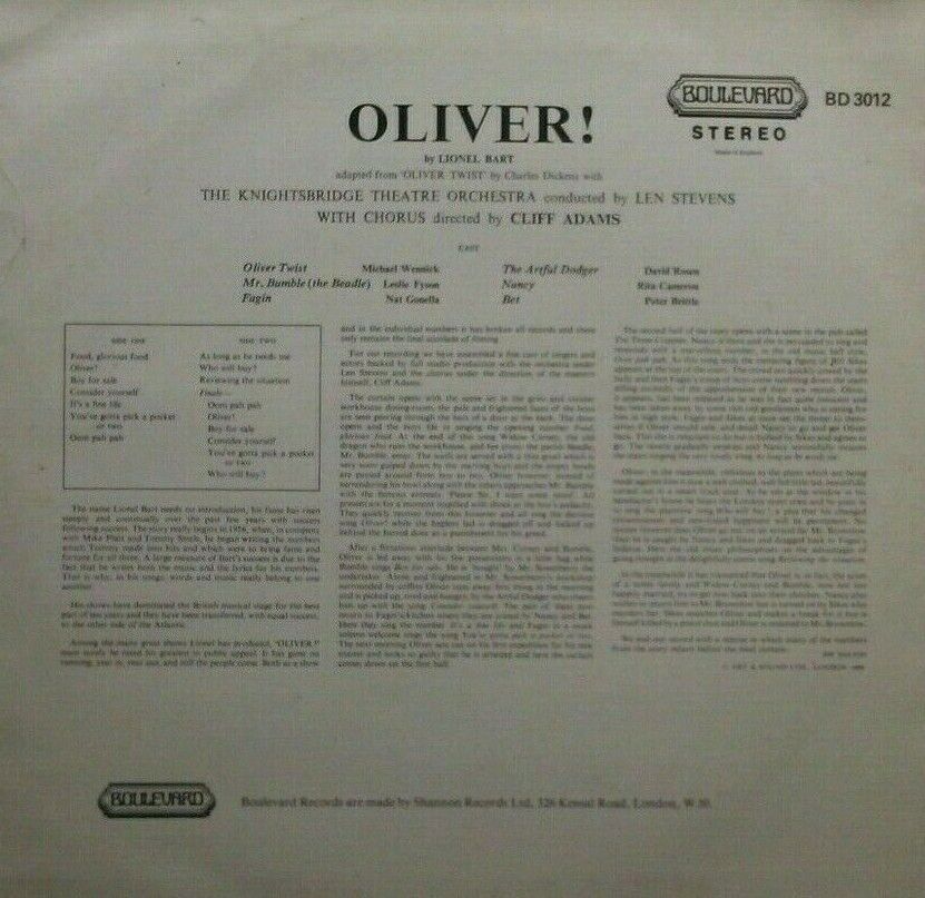 Knightsbridge Theatre Orchestra – Oliver (Boulevard, 1979) 12" vinyl LP VG/VG