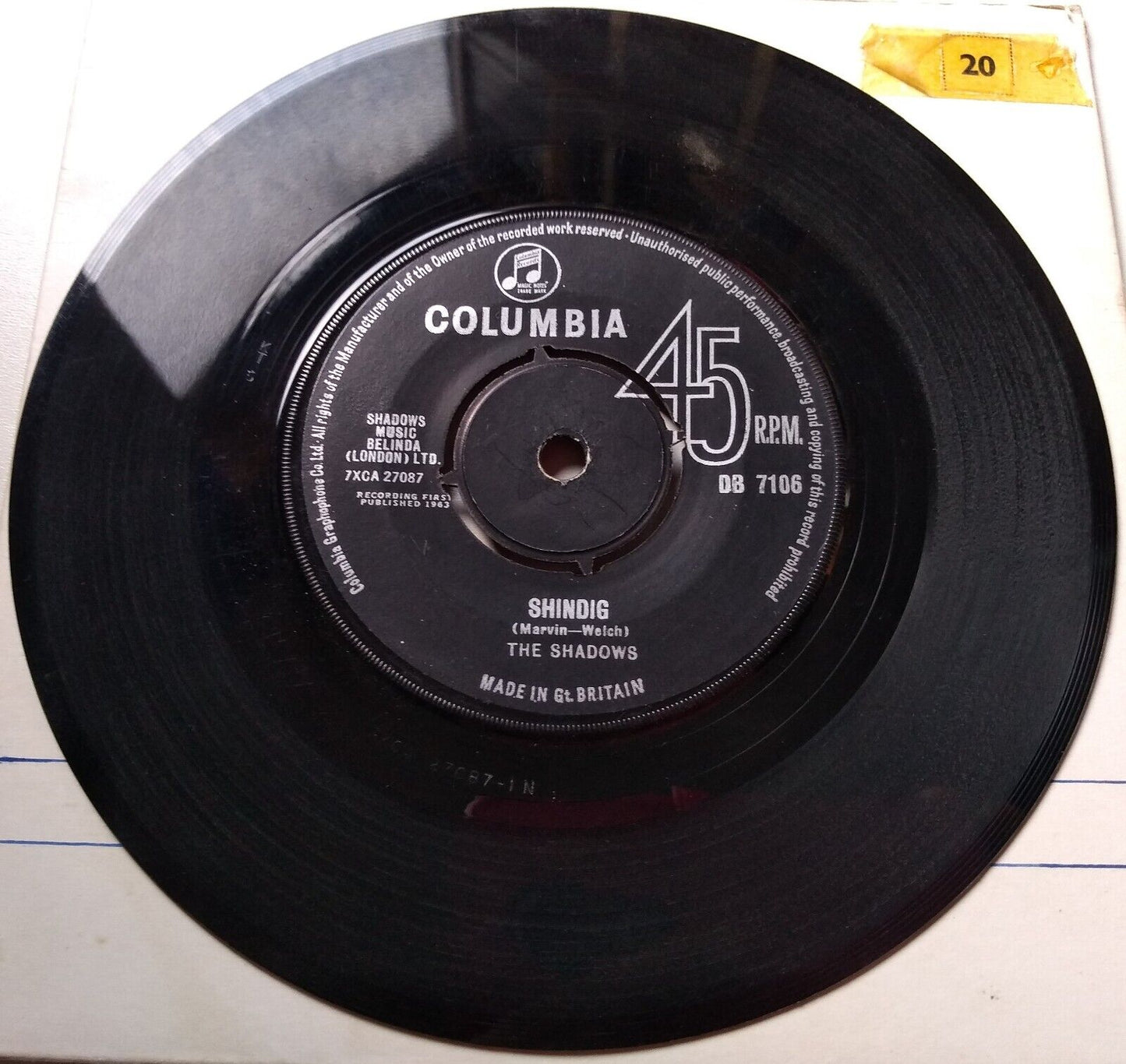 The Shadows - Shindig (Columbia 1963) 7" vinyl single VG/-