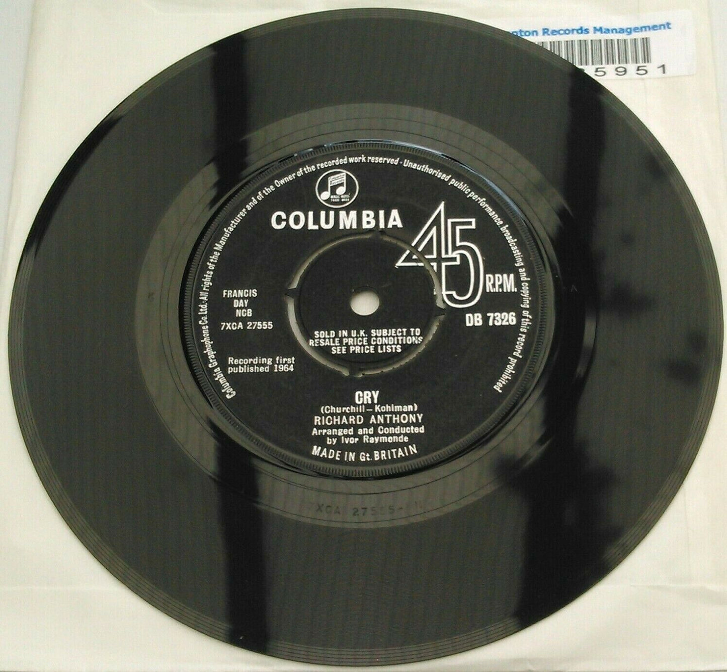 Richard Anthony - Cry (Columbia, 1964) 7" vinyl single VG/-