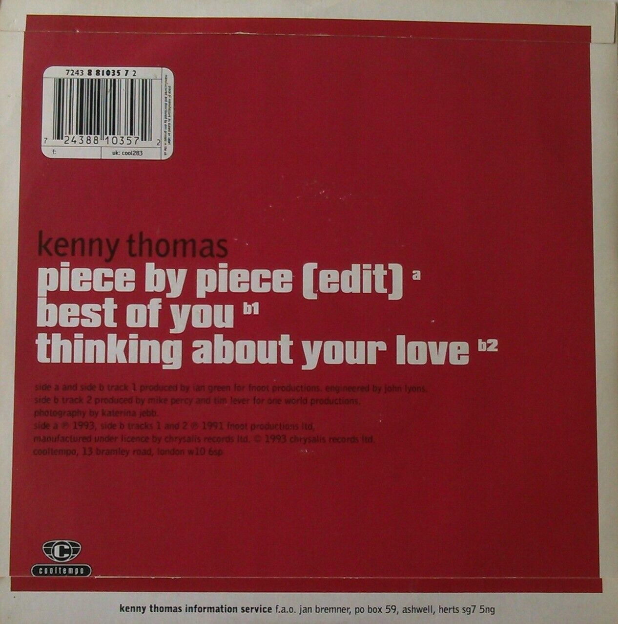 Kenny Thomas – Piece By Piece (Cool Tempo, 1993) 7" vinyl EP VG/VG