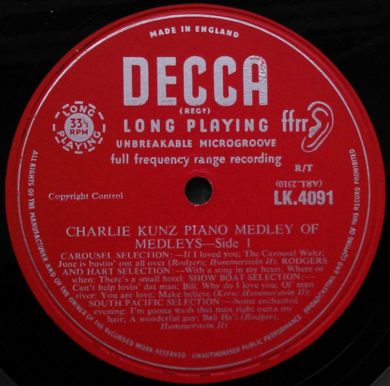 Charlie Kunz ‎– Piano Selections (Decca) 12" vinyl LP VG/VG