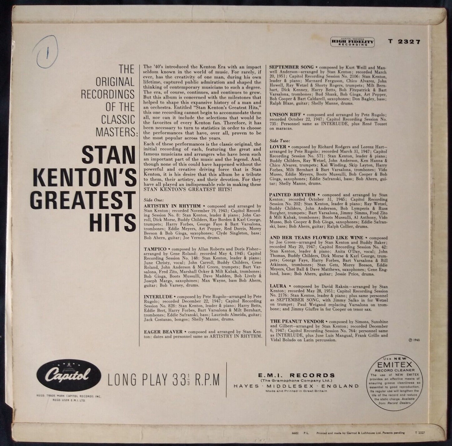 Stan Kenton - Stan Kenton's Greatest Hits (Capitol 1965) 12" vinyl LP VG/VG mono