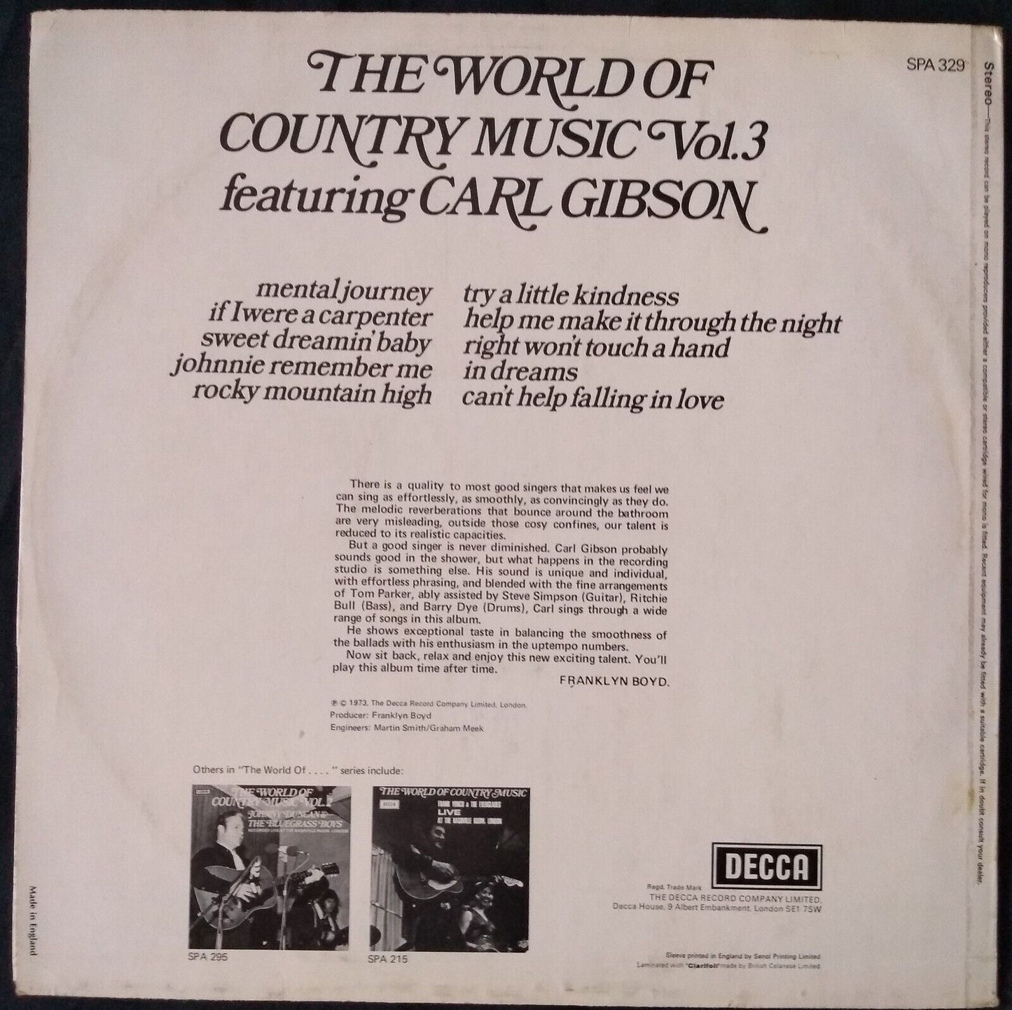 Carl Gibson - The World Of Country Music Vol. 3 (Decca 1973) 12" vinyl LP VG/VG