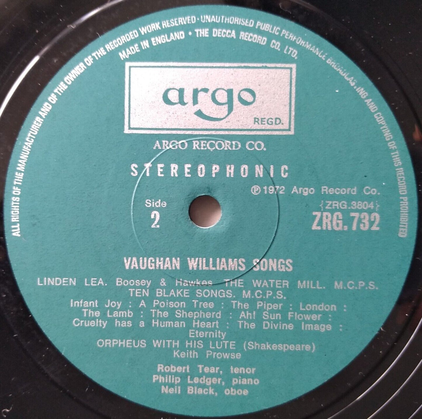 Vaughan Williams, Tear - Songs Of Travel (Argo 1972) 12" vinyl LP VG/VG