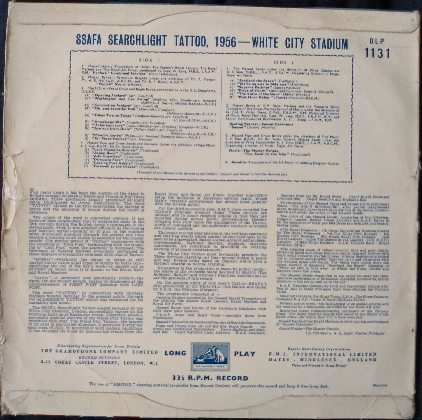 Various - SSAFA Searchlight Tattoo At The White City 1956 (1956) 10" vinyl VG/G+