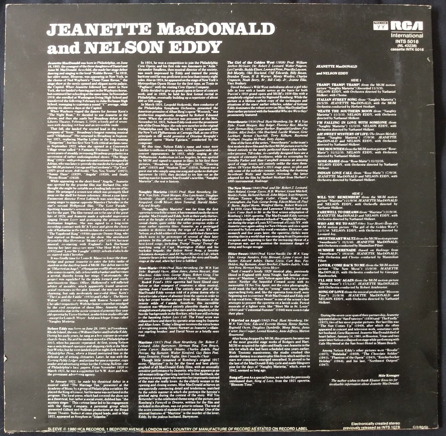 Jeanette MacDonald And Nelson Eddy (RCA 1980) 12" vinyl LP VG/VG RE