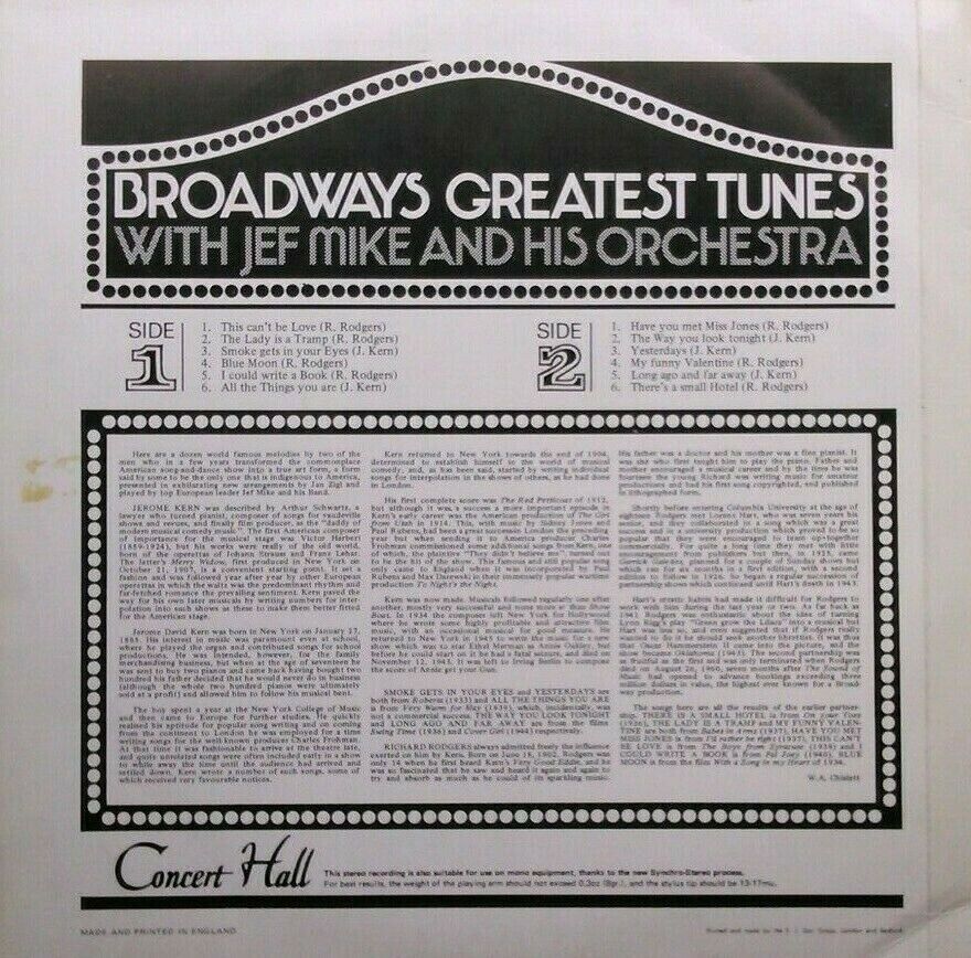 Jef Mike - Broadway's Greatest Tunes (Concert Hall, 1971) 12" vinyl LP VG/VG