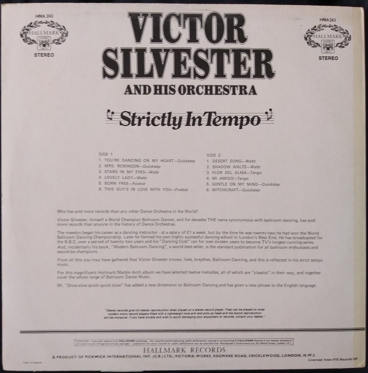 Victor Silvester and His Orchestra - Strictly In Tempo (Hallmark 1971) LP VG/VG