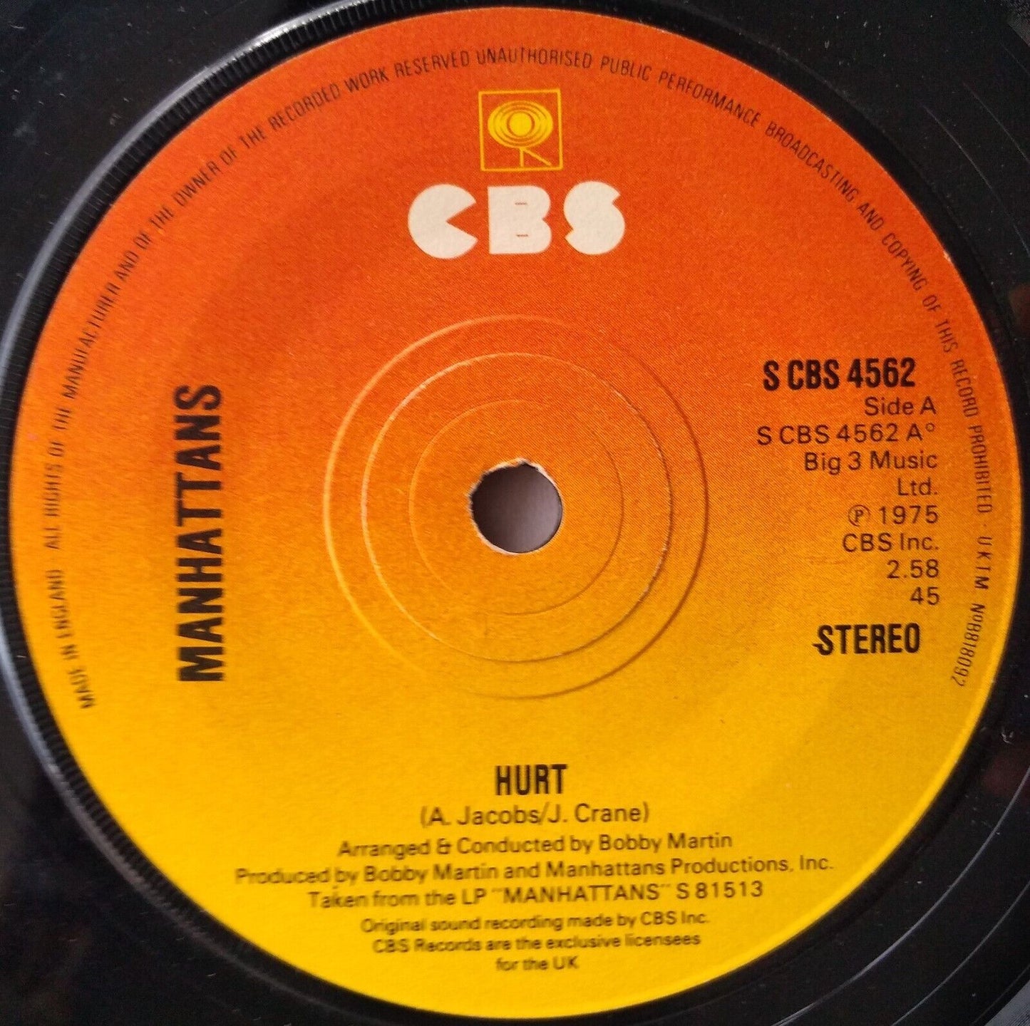 Manhattans - Hurt (CBS 1975) 7" vinyl single VG/-