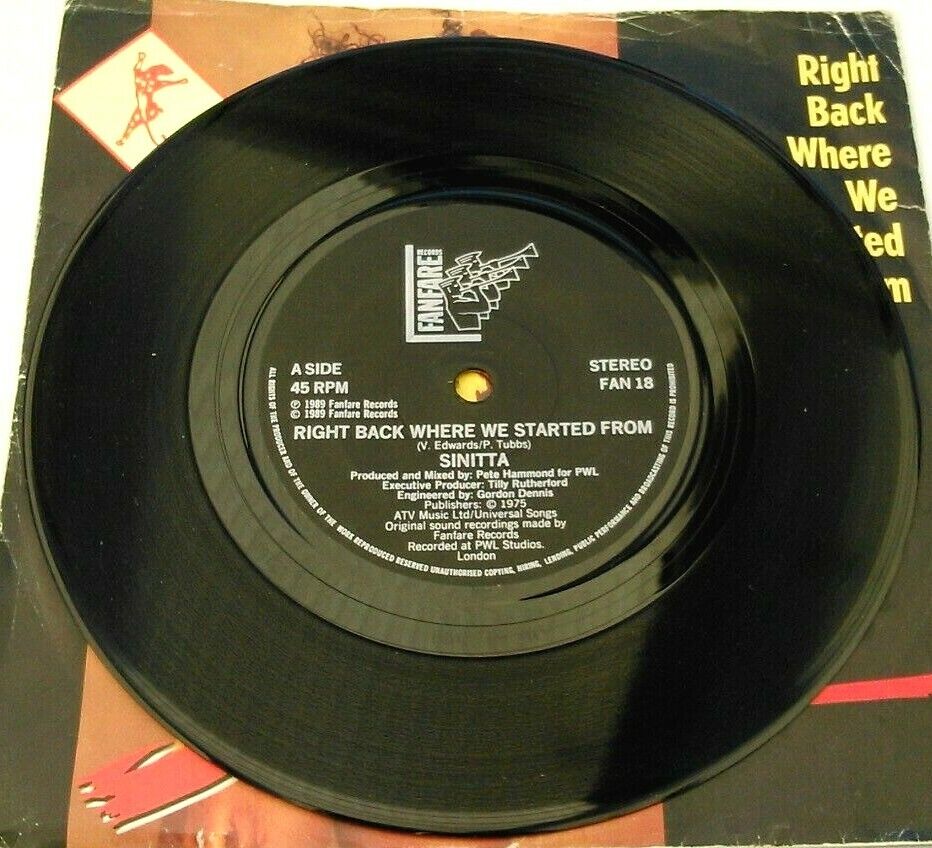 Sinitta – Right Back Where We Started From (Fanfare, 1989) 7" vinyl single VG/VG