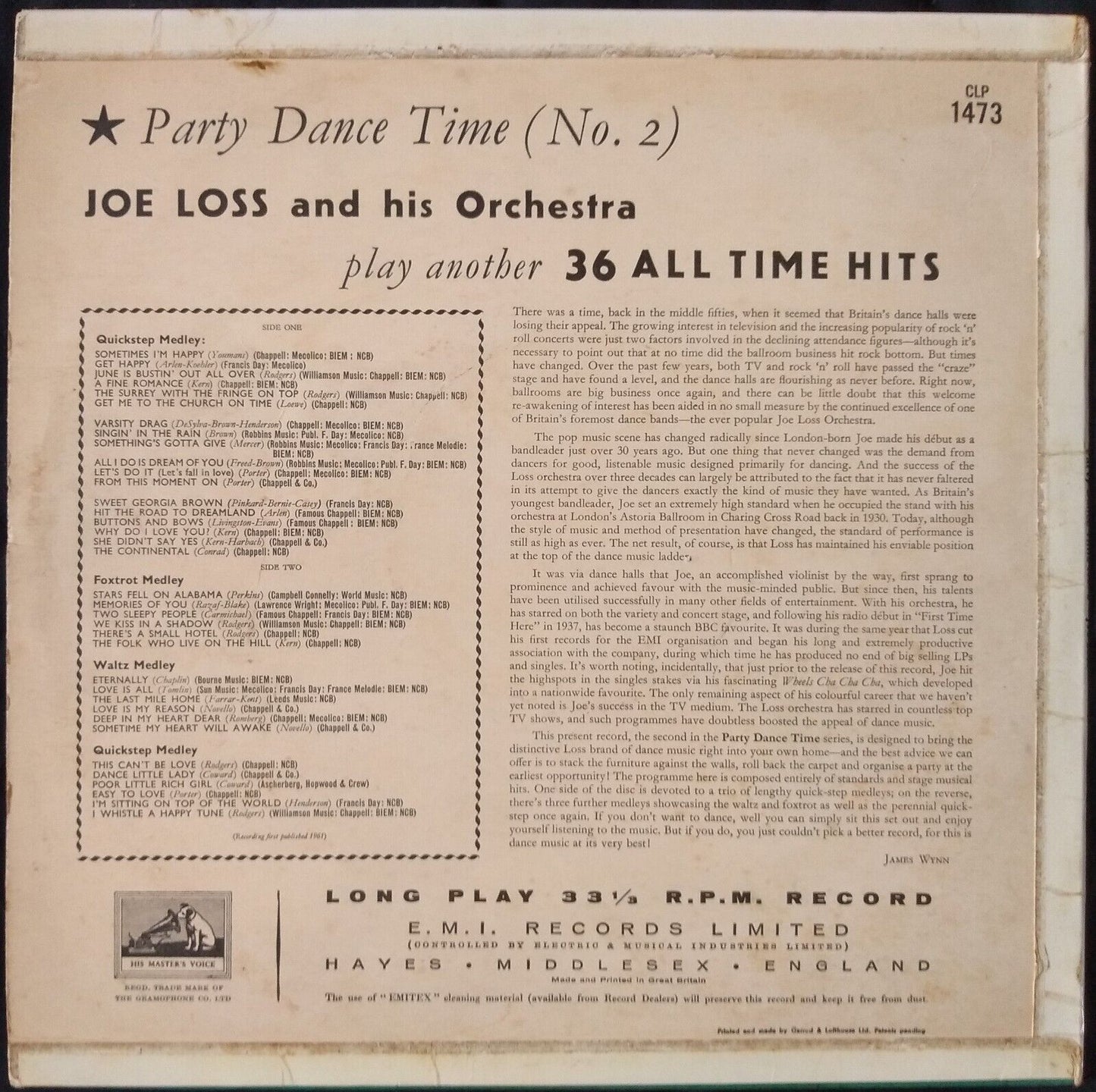 Joe Loss & His Orchestra ‎– Party Dance Time No. 2 (HMV 1961) 12" vinyl LP VG/VG