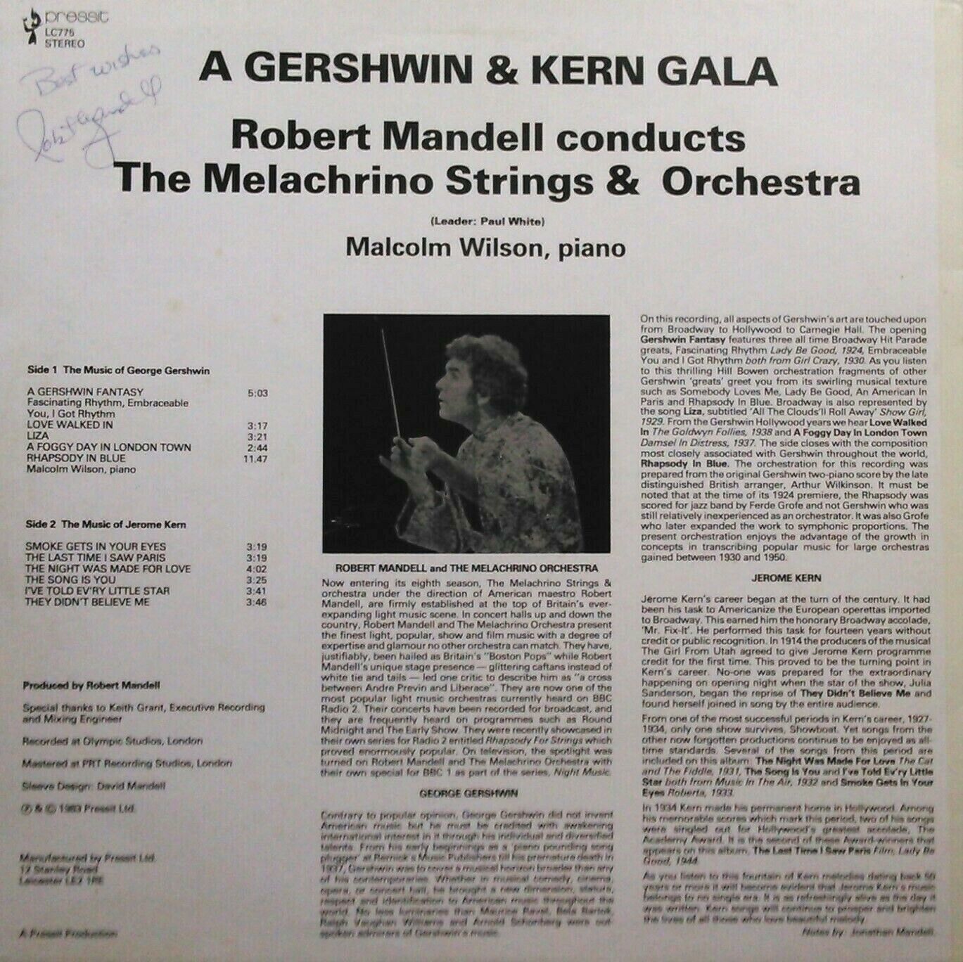 Melachrino Strings - A Gershwin & Kern Gala (Pressit, 1983) 12" vinyl LP VG/VG