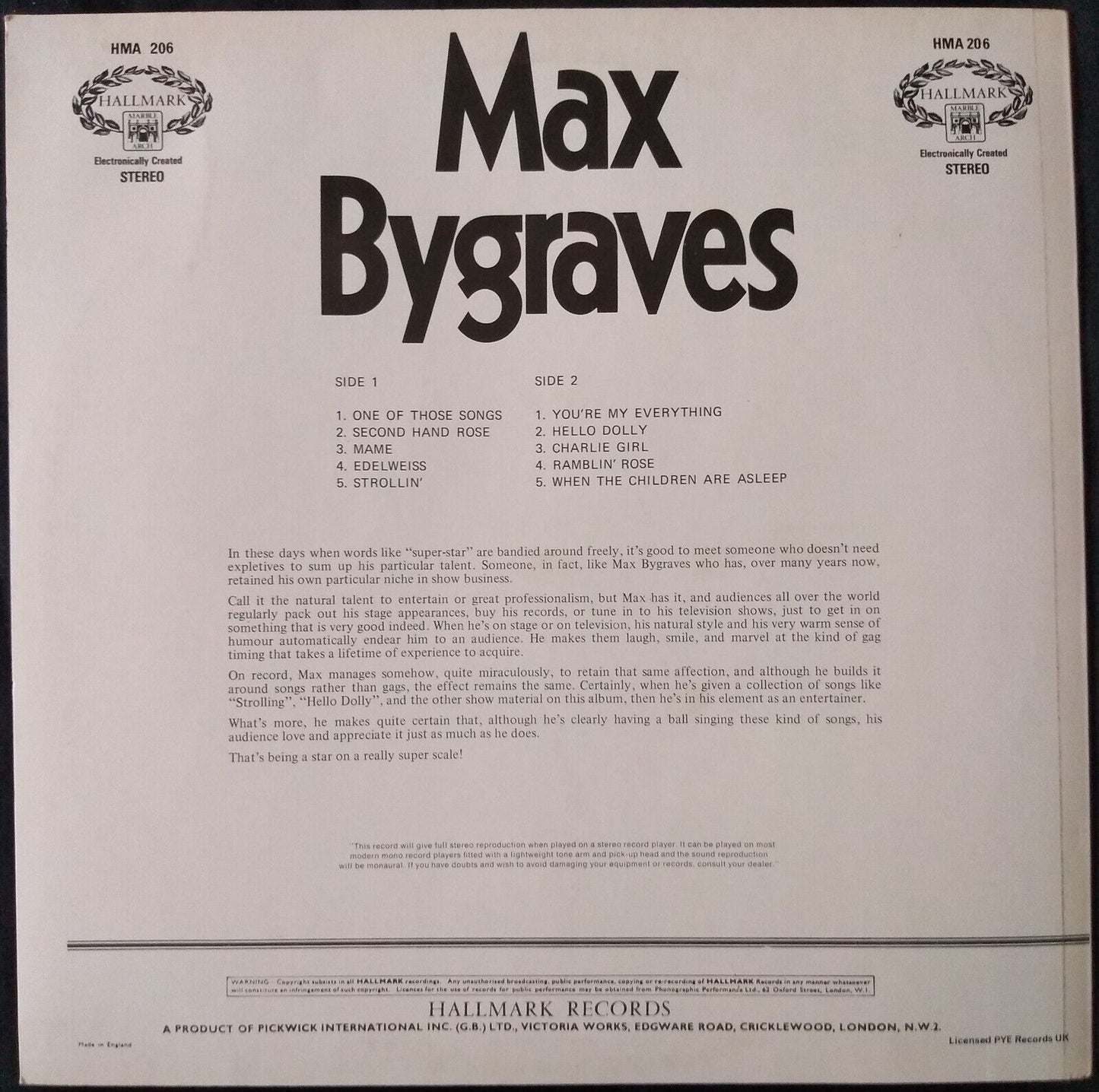 Max Bygraves – Max Bygraves (Hallmark) 12" vinyl LP VG/VG