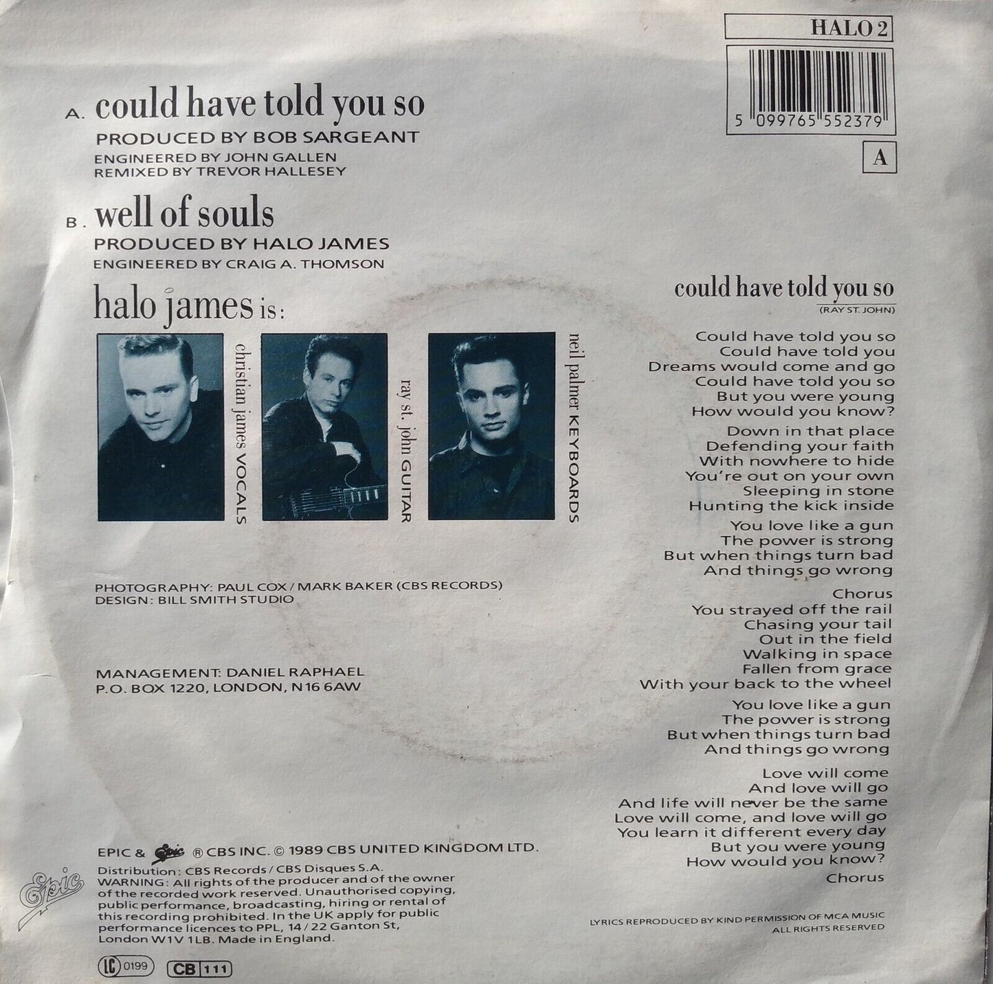 Halo James - Could Have Told You So (Epic 1989) 7" vinyl P/S single VG/VG