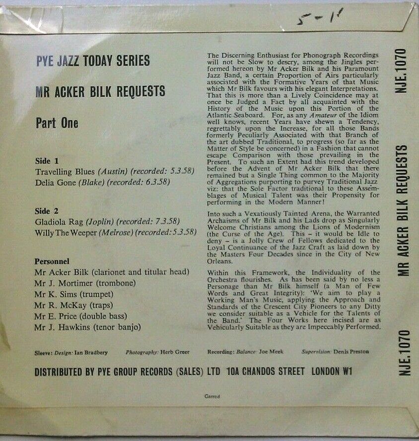 Acker Bilk - Acker Bilk Requests - Part One (Pye, 1959) 7" vinyl P/S EP VG/VG