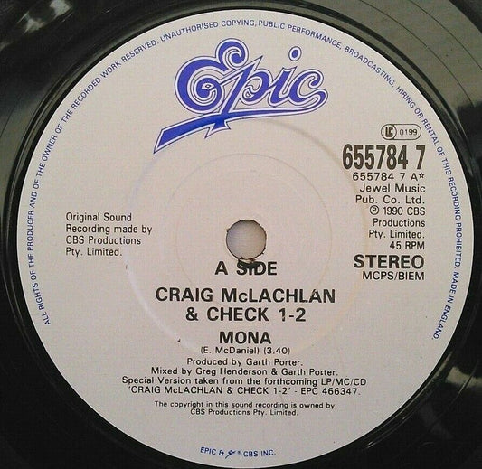 Craig McLachlan And Check 1-2 - Mona (Epic, 1990) 7" vinyl single VG/-