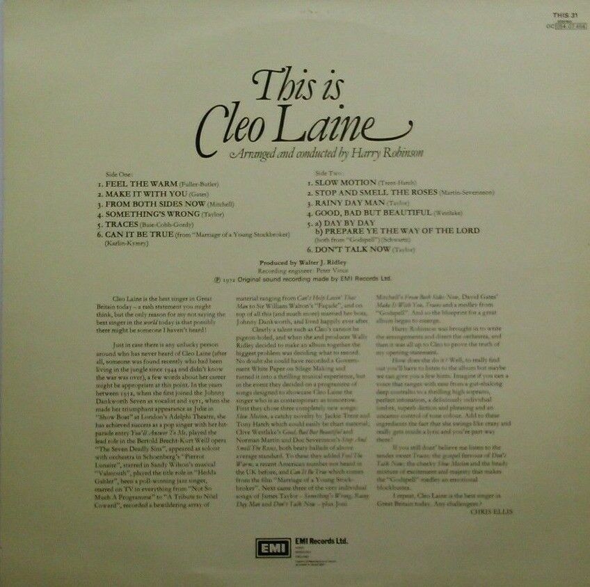 Cleo Laine ‎– This Is Cleo Laine (EMI, 1981) 12" vinyl LP VG/VG