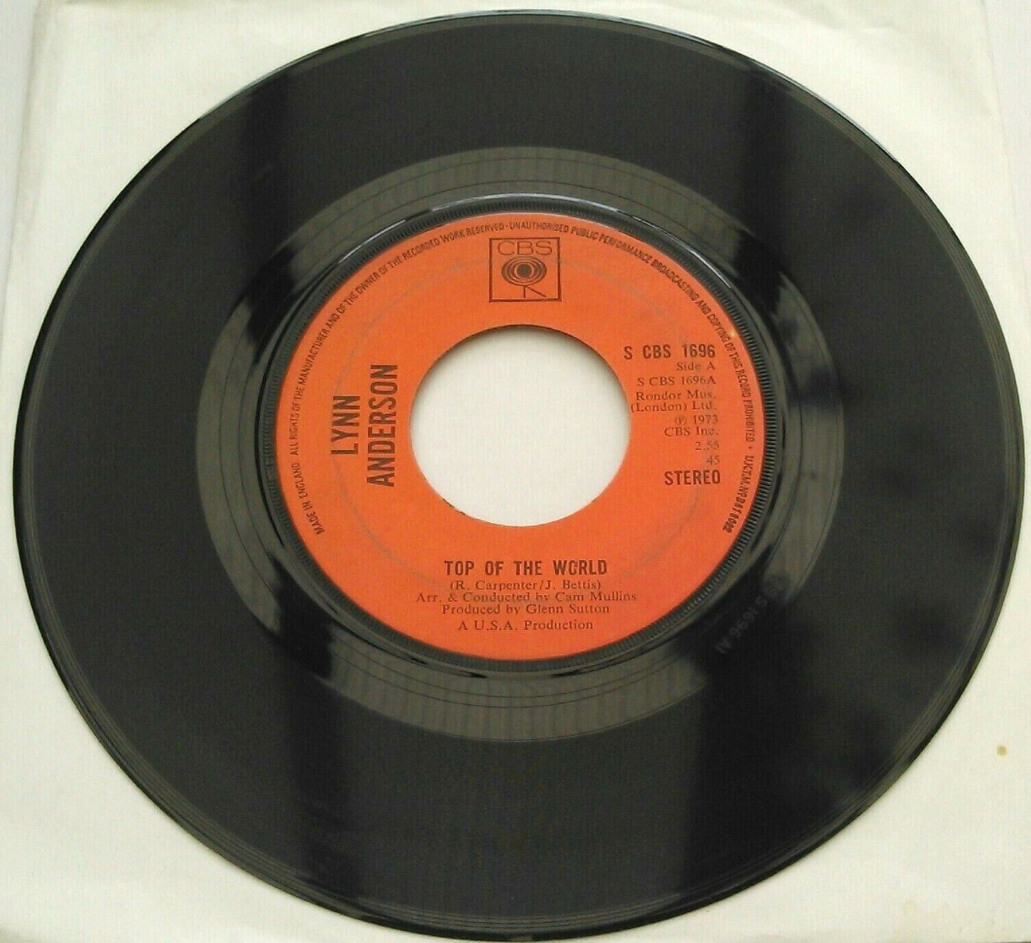 Lynn Anderson – Top Of The World (CBS, 1973) 7" vinyl single VG/- jukebox