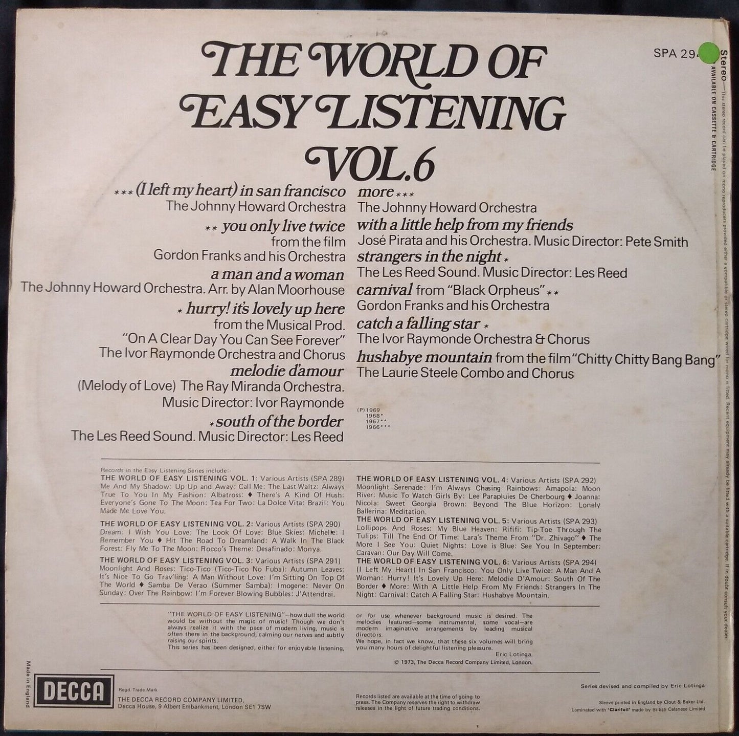 Various – The World Of Easy Listening Vol. 6 (Decca 1973) 12" vinyl LP VG/VG