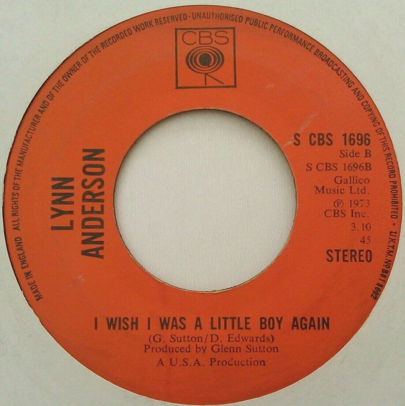 Lynn Anderson – Top Of The World (CBS, 1973) 7" vinyl single VG/- jukebox