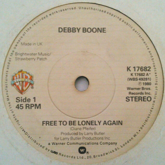 Debby Boone - Free To Be Lonely Again (WB, 1980) 7" vinyl single VG/-