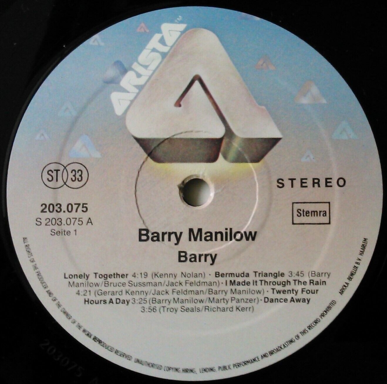 Barry Manilow – Barry (Arista, 1980) 12" vinyl LP VG/VG German import