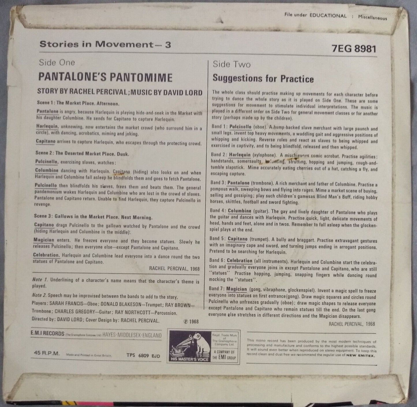 David Lord ‎– Stories In Movement 3 - Pantalone's Pantomime 7" vinyl EP VG/VG