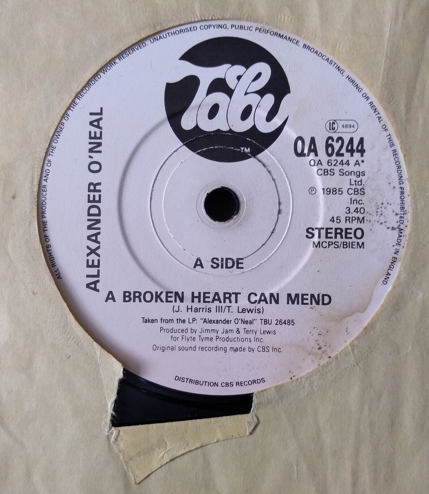 Alexander O'Neal - A Broken Heart Can Mend (Tabu 1986) 7" vinyl single VG/-