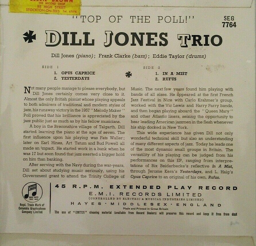 Dill Jones – Top Of The Poll! (Columbia, 1957) 7" vinyl P/S EP VG/VG