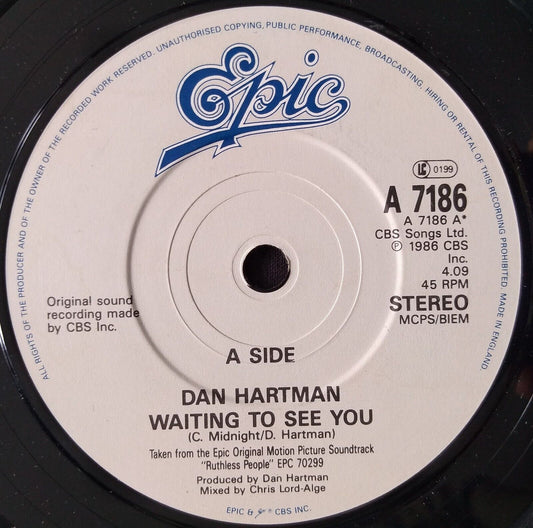 Dan Hartman - Waiting To See You (Epic 1986) 7" vinyl single VG/-